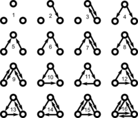 The 16 possible network motifs involving three nodes